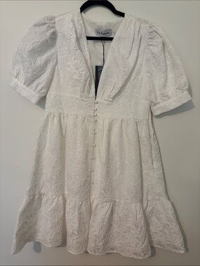 En Saison White Textured Puff-Sleeve Mini Dress NWT